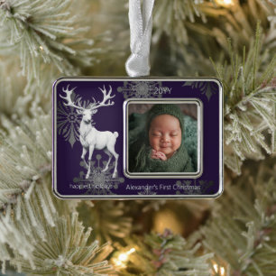 Ivory Reindeer Babys First Christmas   Purple Ornament