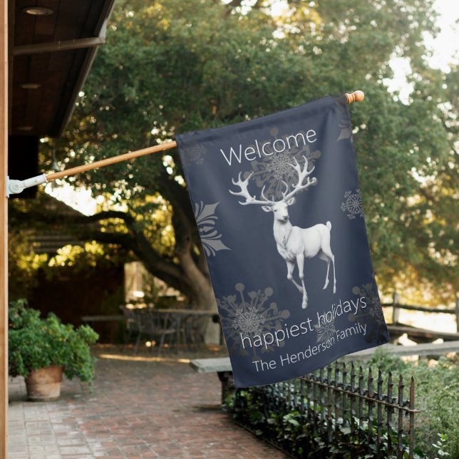 Ivory Reindeer Christmas | Blue House Flag (In SItu)