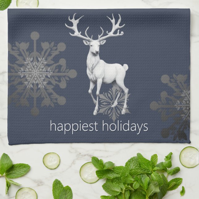 Ivory Reindeer Christmas | Blue Kitchen Towel (Folded)