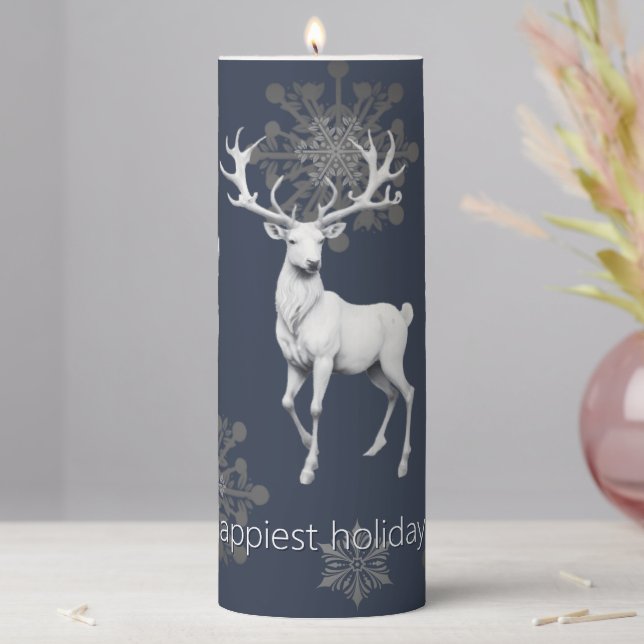 Ivory Reindeer Christmas | Blue Large Pillar Candle (In Situ)