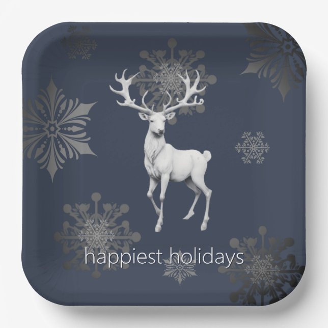 Ivory Reindeer Christmas | Blue Paper Plates (Front)