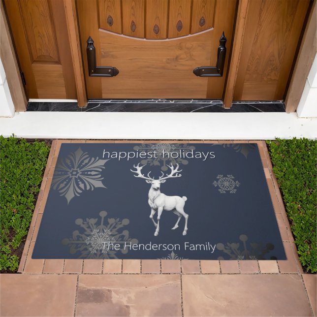 Ivory Reindeer Christmas | Blue Personalized Doormat (Outdoor)