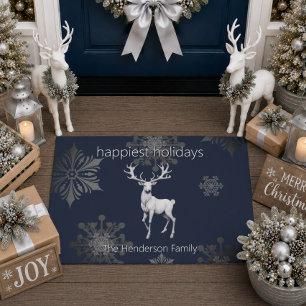 Ivory Reindeer Christmas Blue Personalized Doormat