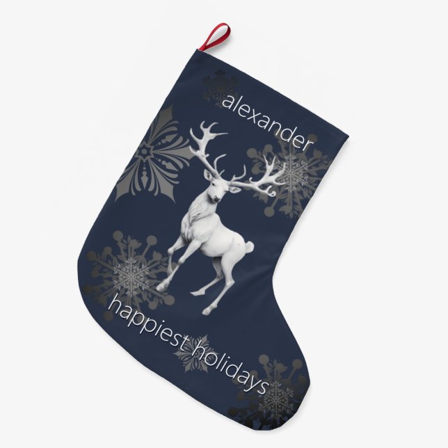 Ivory Reindeer Christmas | Blue Personalized Large Christmas Stocking (Front (Hanging))
