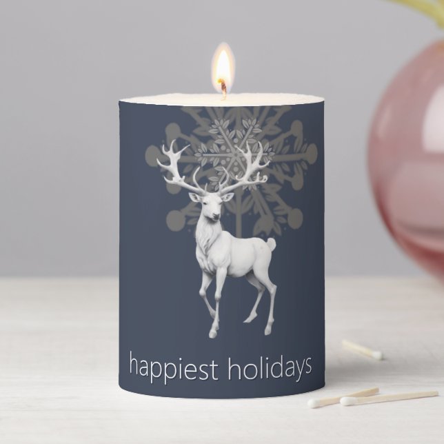 Ivory Reindeer Christmas | Blue Pillar Candle (In Situ)
