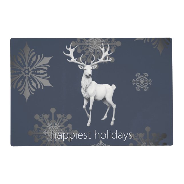 Ivory Reindeer Christmas | Blue Placemat (Front)