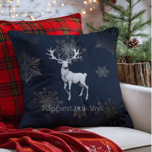 Ivory Reindeer Christmas Blue Throw Pillow