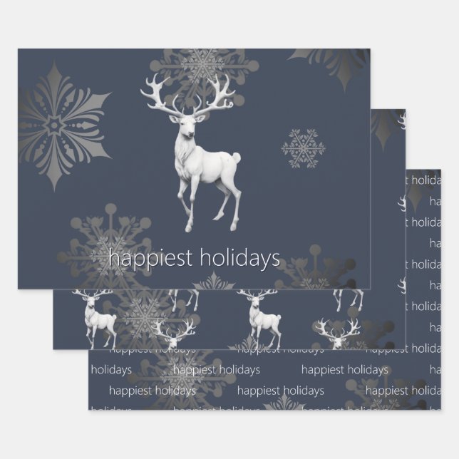 Ivory Reindeer Christmas | Blue Wrapping Paper Sheets (Set)