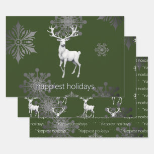 Ivory Reindeer Christmas Green Wrapping Paper Sheets