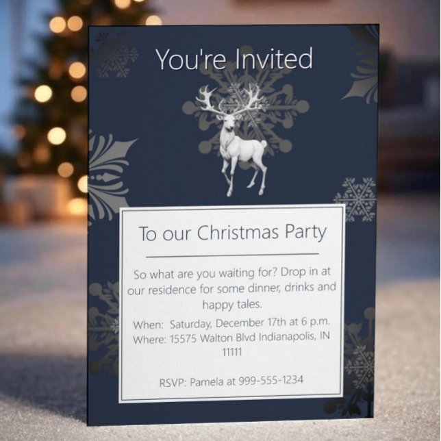Ivory Reindeer Christmas Party | Blue Invitation (Blue Ivory Reindeer Christmas Party Invitation)
