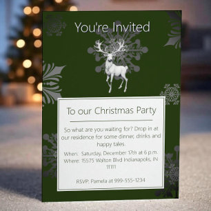 Ivory Reindeer Christmas Party   Green Invitation
