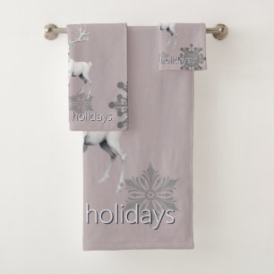 Ivory Reindeer Christmas Pink Bath Towel Set
