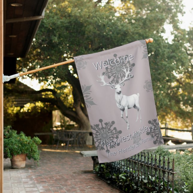 Ivory Reindeer Christmas | Pink House Flag (In SItu)