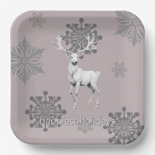 Ivory Reindeer Christmas | Pink Paper Plates (Front)