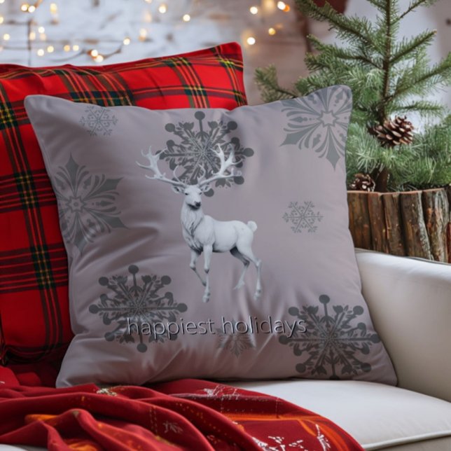Ivory Reindeer Christmas | Pink Throw Pillow (Pink Ivory Reindeer Christmas Throw Pillow)