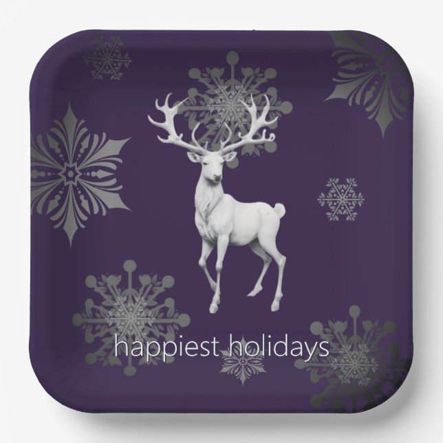 Ivory Reindeer Christmas | Purple Paper Plates (Front)