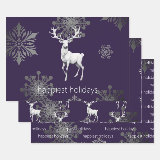Ivory Reindeer Christmas | Purple Wrapping Paper Sheets (Set)