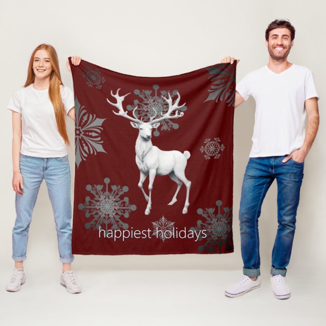 Ivory Reindeer Christmas | Red Fleece Blanket (In Situ)