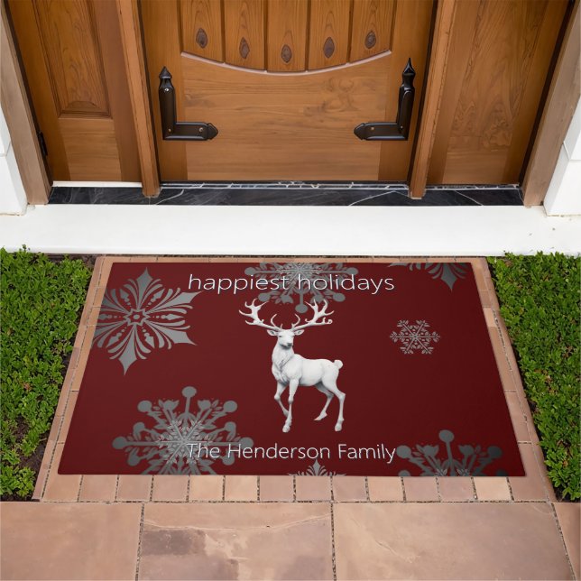 Ivory Reindeer Christmas | Red Personalized Doormat (Outdoor)