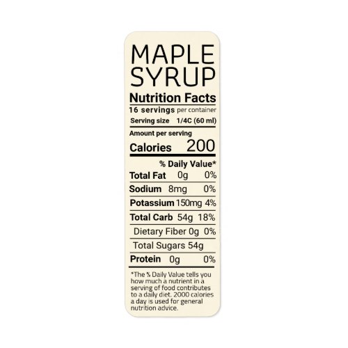 Ivory Return Address Maple Syrup Nutrition  Label