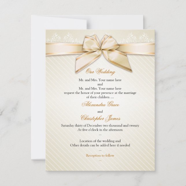 Ivory Ribbon Gold Stripes Wedding Invitation S1 (Front)