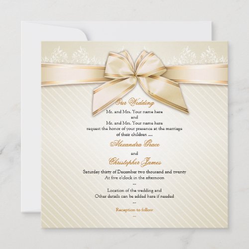 Ivory Ribbon Gold Stripes Wedding Invitation S2