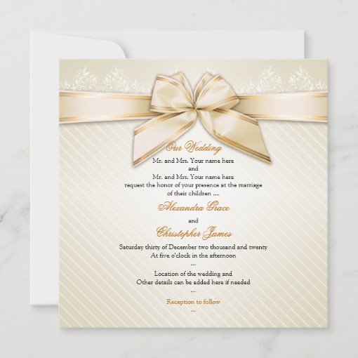Ivory Ribbon Gold Stripes Wedding Invitation S2 Zazzle