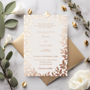 Ivory rose gold botanical leaves luxury wedding foil invitation