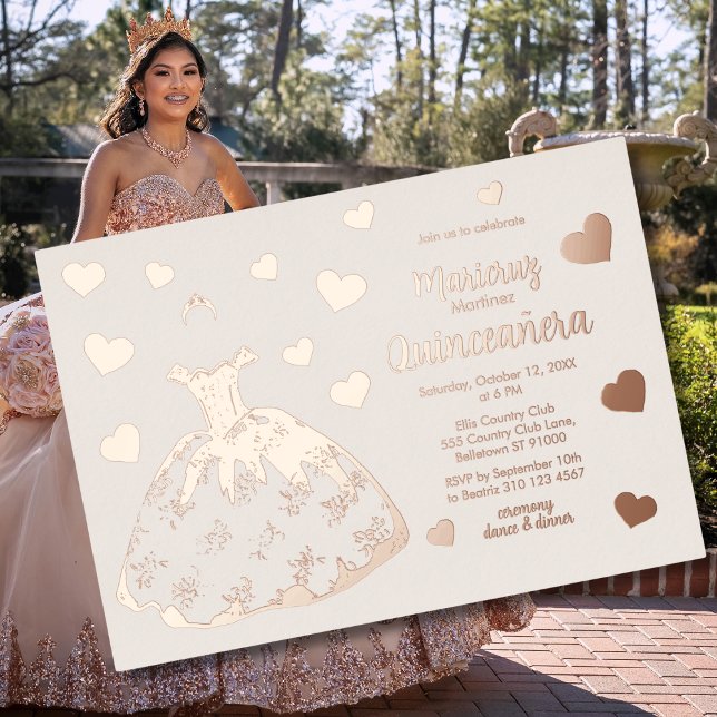  Ivory Rose Gold Hearts Quinceañera Invitation (Creator Uploaded)