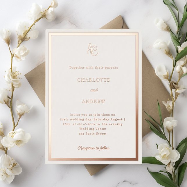 Ivory rose gold modern monogram luxury wedding foil invitation (Creator Uploaded)
