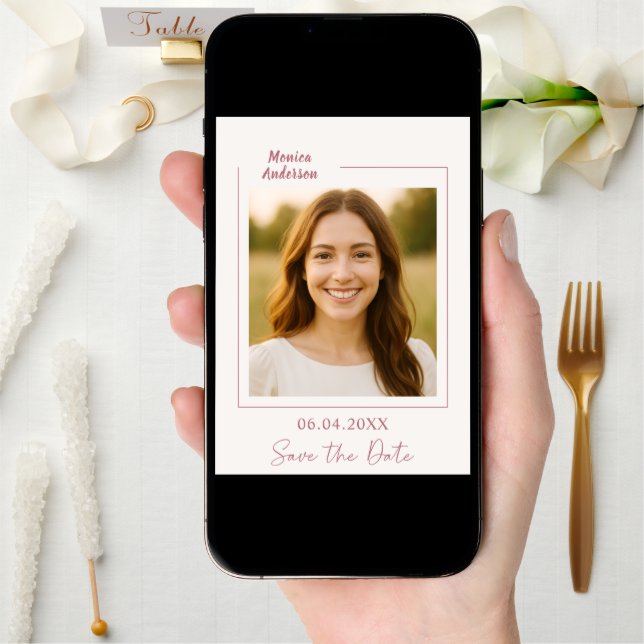 Ivory rose gold photo birthday save the date (Front Digital)