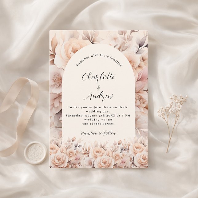 Ivory rose gold roses florals arch elegant wedding invitation (Creator Uploaded)