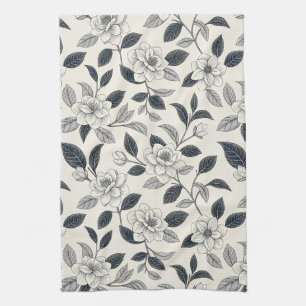 Ivory Rose Midnight Navy Marble Botanical Kitchen Towel