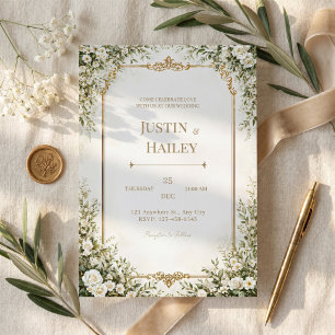 Ivory Rose Ornate Gold Border Wedding Invitation