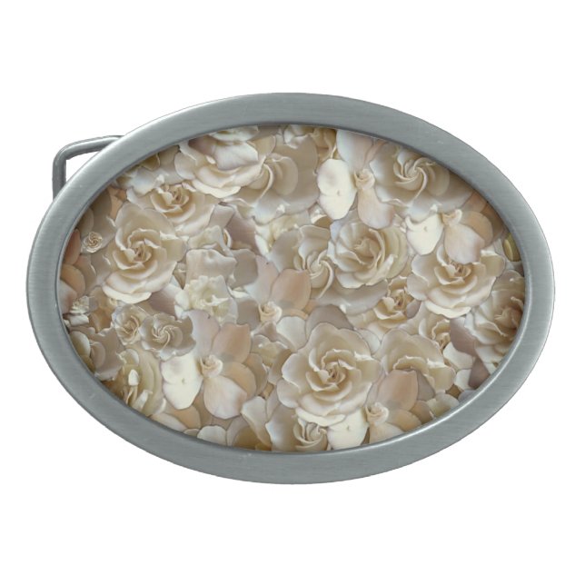 Ivory Rose Pattern – Elegant Floral Art Belt Buckle (Front)