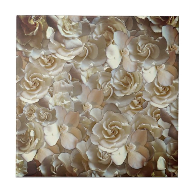 Ivory Rose Pattern – Elegant Floral Art Ceramic Tile (Front)