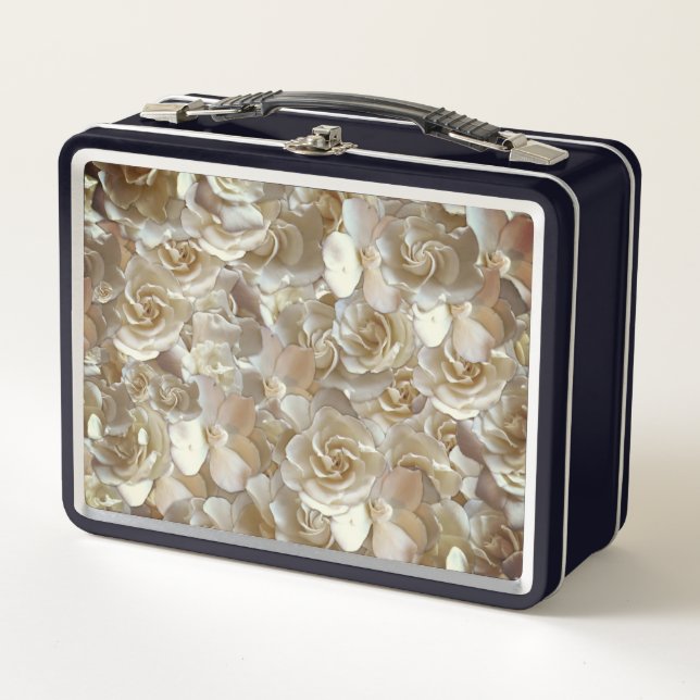 Ivory Rose Pattern – Elegant Floral Art Metal Lunch Box (Front)