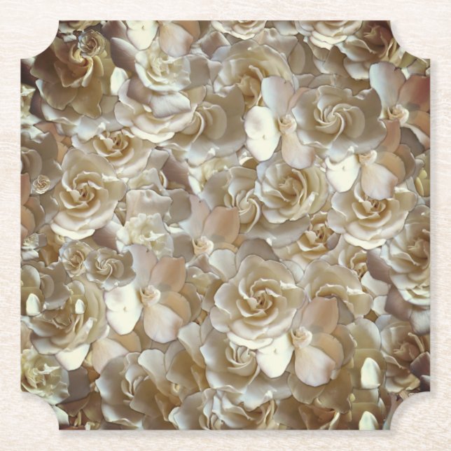 Ivory Rose Pattern – Elegant Floral Art Paper Coaster (Front)