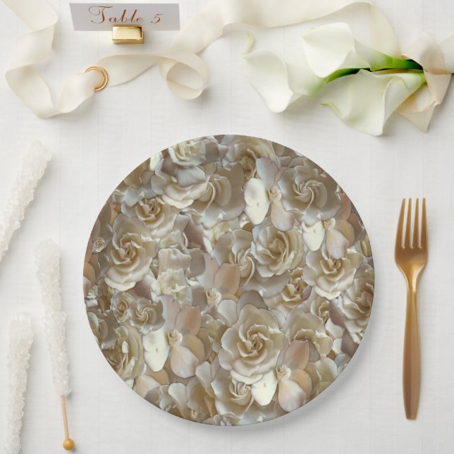Ivory Rose Pattern – Elegant Floral Art Paper Plates (Wedding)