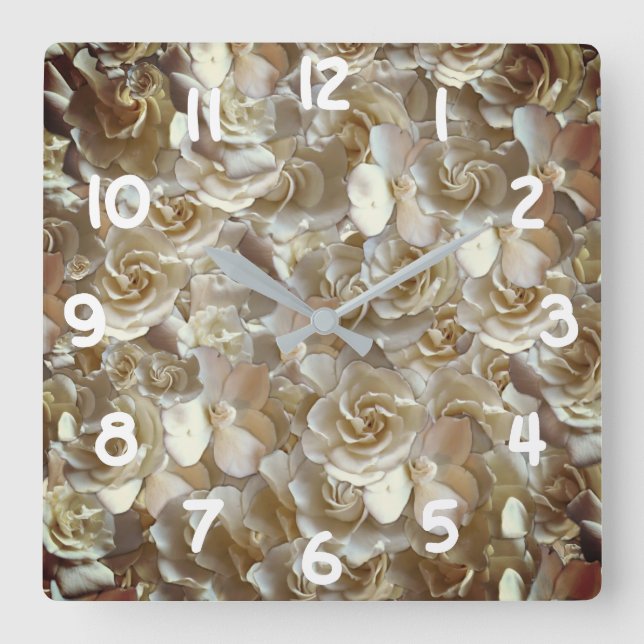 Ivory Rose Pattern – Elegant Floral Art Square Wall Clock (Front)