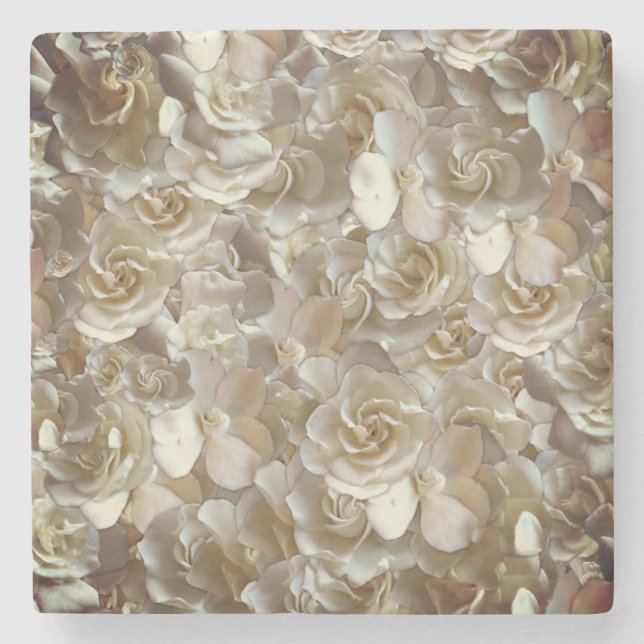 Ivory Rose Pattern – Elegant Floral Art Stone Coaster (Front)