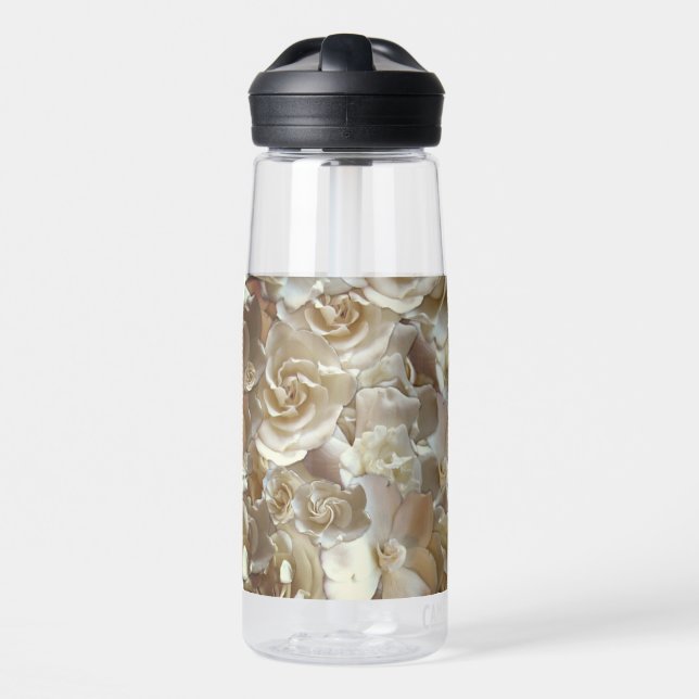 Ivory Rose Pattern – Elegant Floral Art Water Bottle (Front)