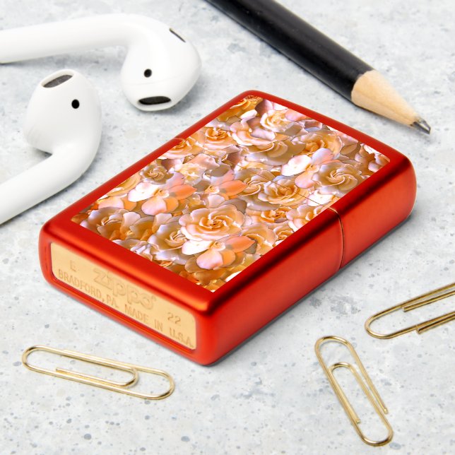 Ivory Rose Pattern – Elegant Floral Art Zippo Lighter (On Table 2)