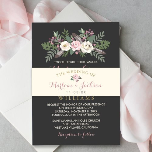 Ivory Rose Pink Floral Boho Wedding Monogram Invitation Belly Band