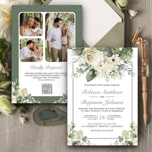 Ivory Rose Sage Green Floral Photo QR Code Wedding Invitation