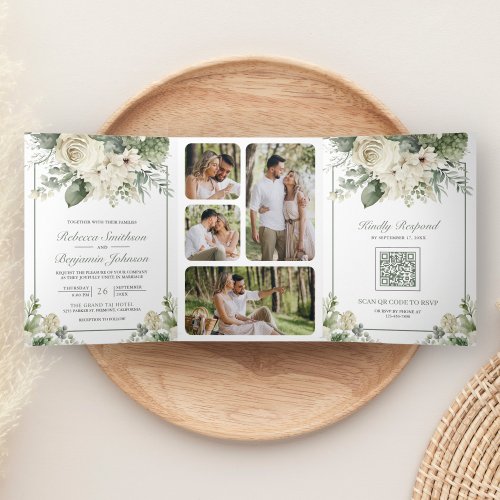 Ivory Rose Sage Green Floral Photo QR Code Wedding Tri_Fold Invitation