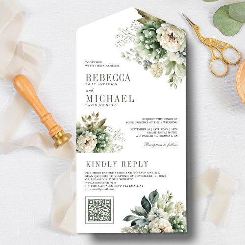 Ivory Rose Sage Green Floral QR Code Wedding All In One Invitation