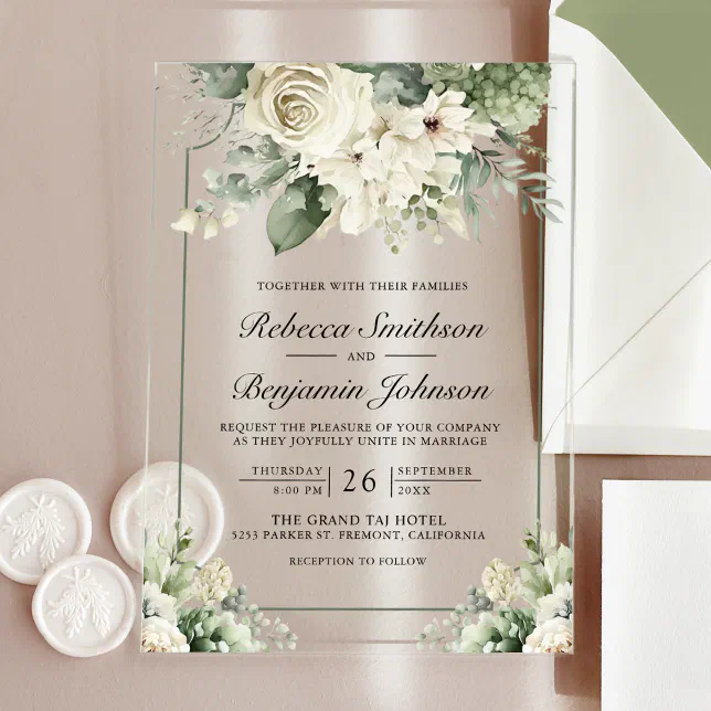 Ivory Rose Sage Green Floral Wedding Acrylic Invitations | Zazzle