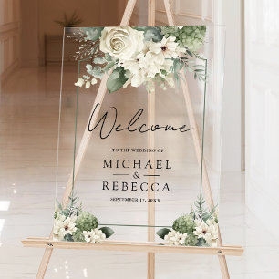 Ivory Rose Sage Green Floral Wedding Welcome Acrylic Sign