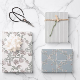Ivory Rose, Sage Stripe & Dusty Blue Trellis Wrapping Paper Sheets